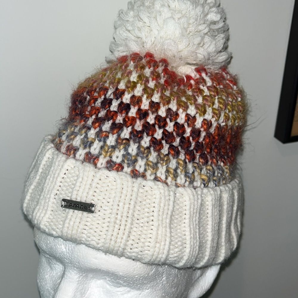 prAna Beanie Women's Chunky Knit Hat W Pom Rainbow check acrylic Blend